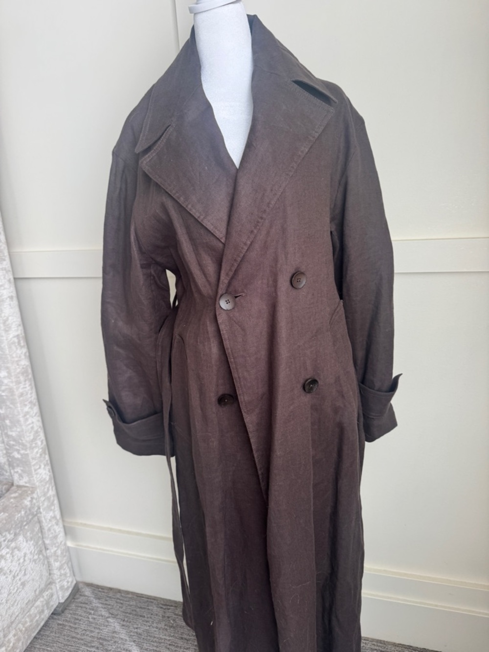 Mango Brown Double-Breasted Linen Trench Coat - Picture 8 of 16